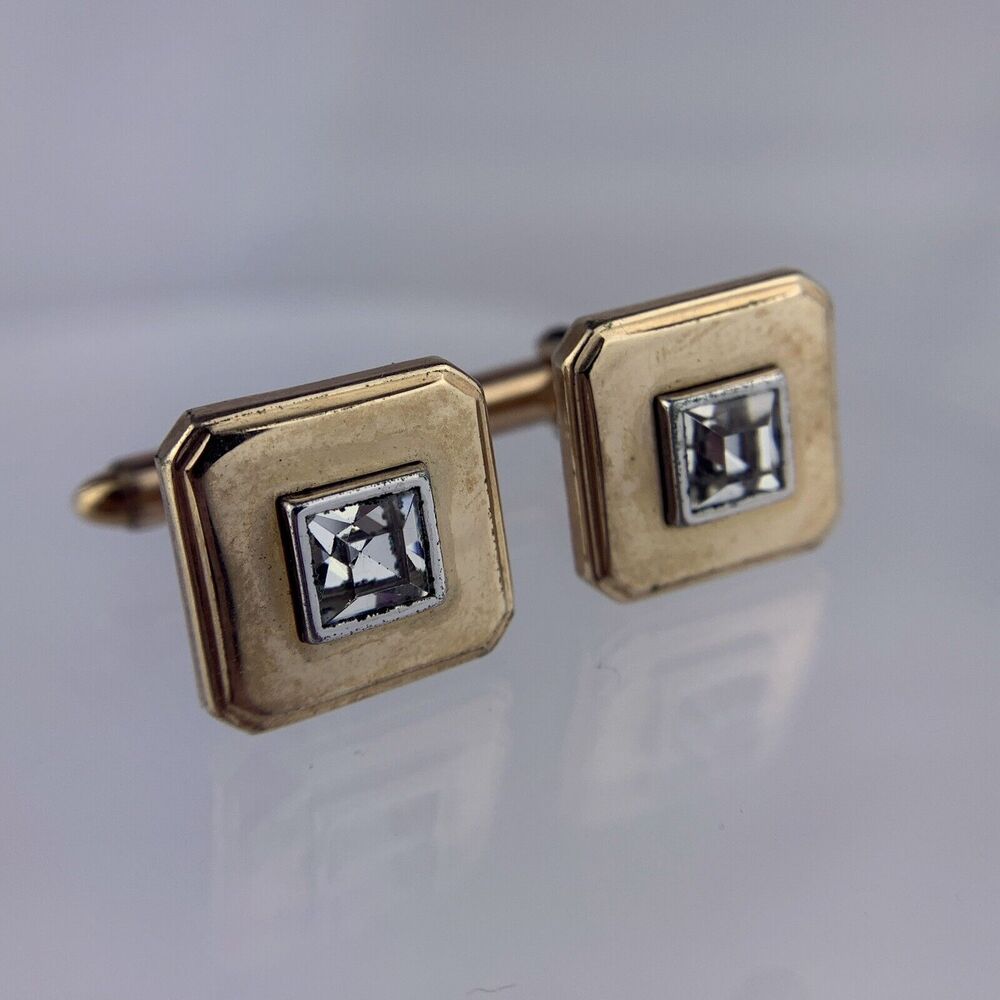 Simple Diamante Glass 1/20 12k Gold Filled Cufflinks Square Kreisler Vintage
